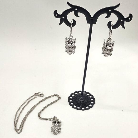 925 Silver Owl Necklace & Earring Set W/ CZ Diamonds Anniversary Birthday Gift - Picture 3 of 8